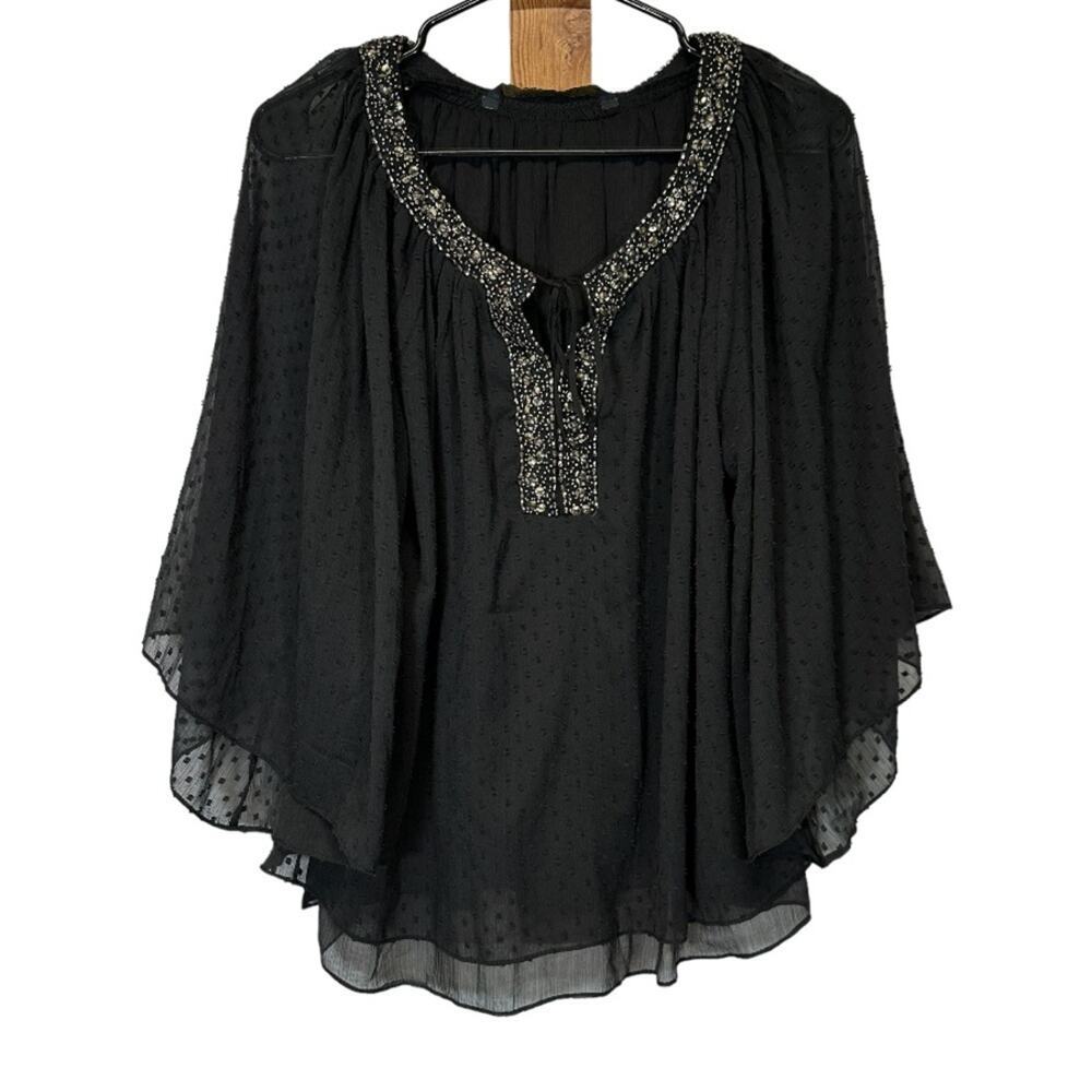 Zara Black Sheer Beaded Dot Embroidered Wide‎ Sleeve Top Size S